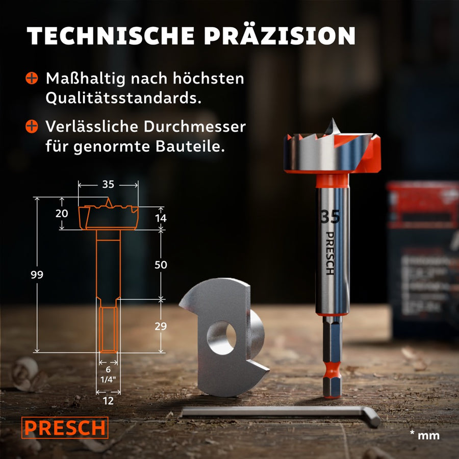 Maßzeichnung des 35 mm Forstnerbohrers zeigt Durchmesser, Länge und Schaftmaße im Detail.
