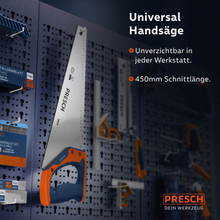 PRESCH Vossenstaart, hoogwaardige universele handzaag aan een gereedschapswand, met extra zaagbladen en 450 mm zaaglengte.
