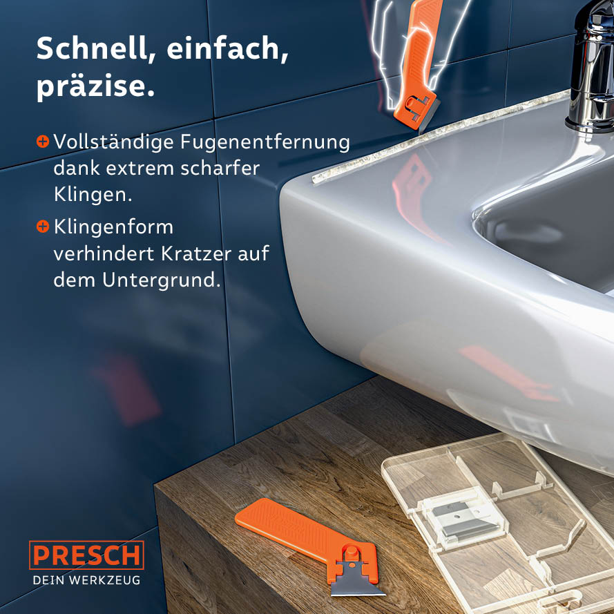 Anwendungsbeispiel im Badezimmer: Präzises Entfernen alter Silikonfugen am Waschbeckenrand ohne Kratzer auf dem Untergrund dank spezieller Klingenform.