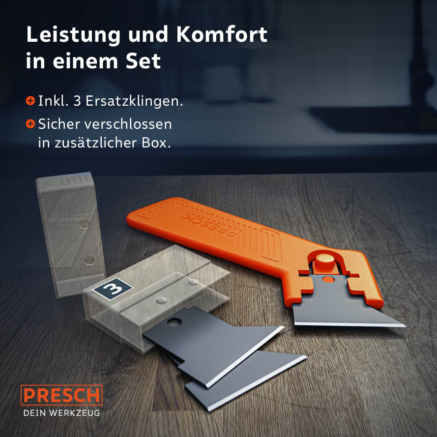 Produktset-Übersicht: Fugenentferner-Griff mit eingesetzter Klinge und drei zusätzlichen Ersatzklingen in einer sicheren Schutzbox.