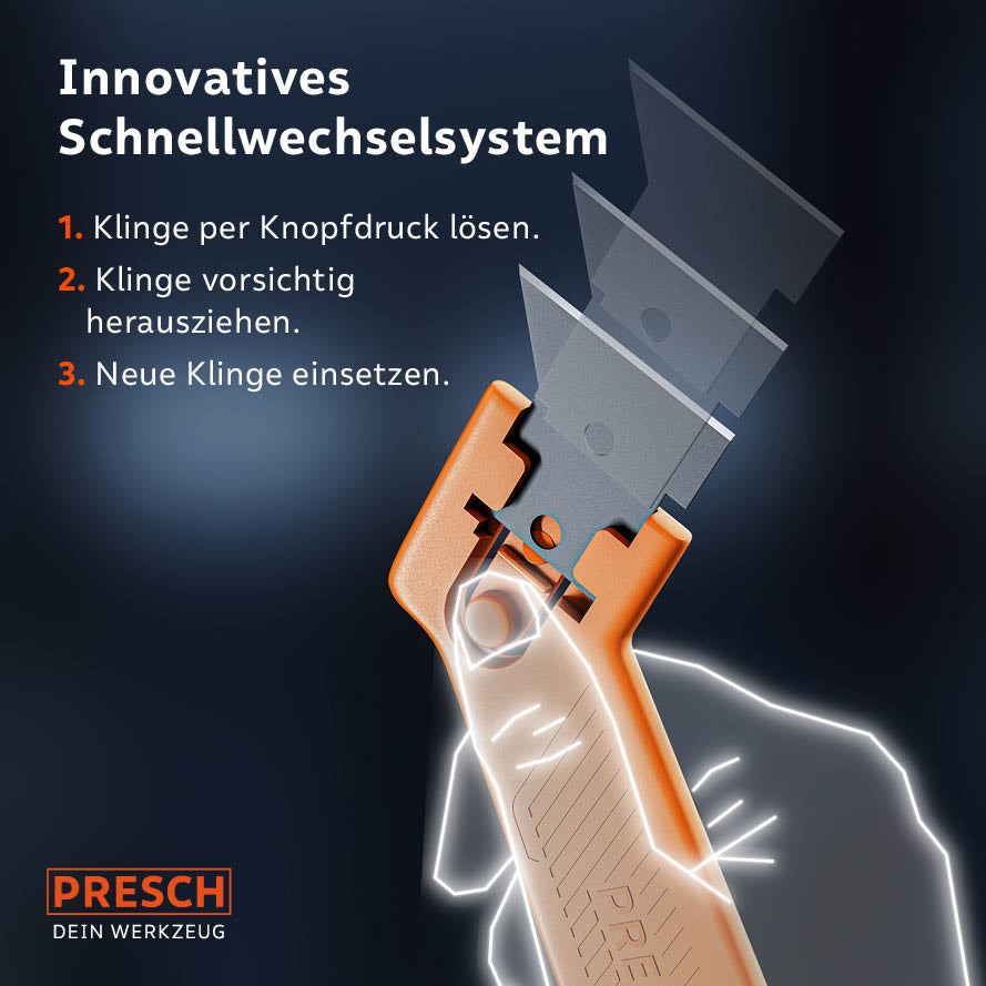 Illustration des innovativen Schnellwechselsystems: Sicherer Klingenwechsel per Knopfdruck in drei einfachen Schritten.
