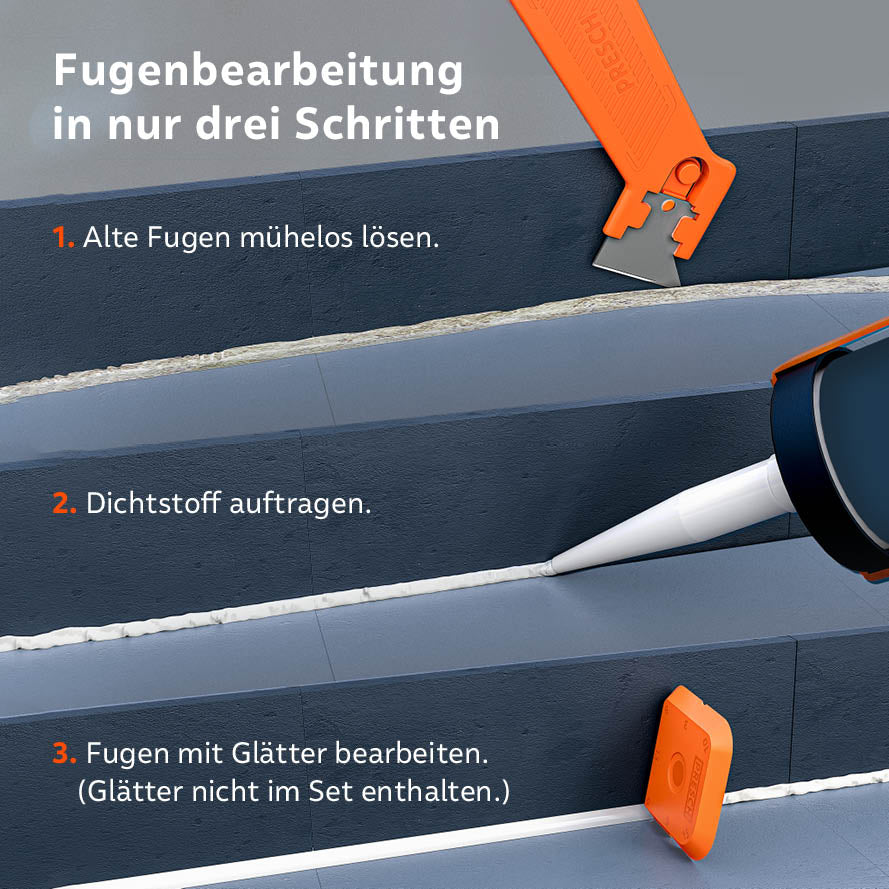 Infografik zur Fugenbearbeitung: 1. Alte Fugen lösen, 2. Neuen Dichtstoff auftragen, 3. Fugen glätten (Glätter separat erhältlich).