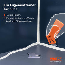De voegverwijder in gebruik bij een muurrechthoek; geschikt voor alle dichtingsmiddelen zoals siliconen en acryl.