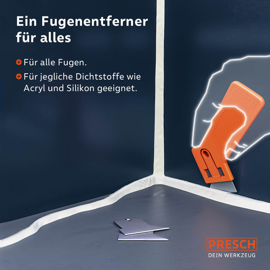 De voegverwijder in gebruik bij een muurrechthoek; geschikt voor alle dichtingsmiddelen zoals siliconen en acryl.