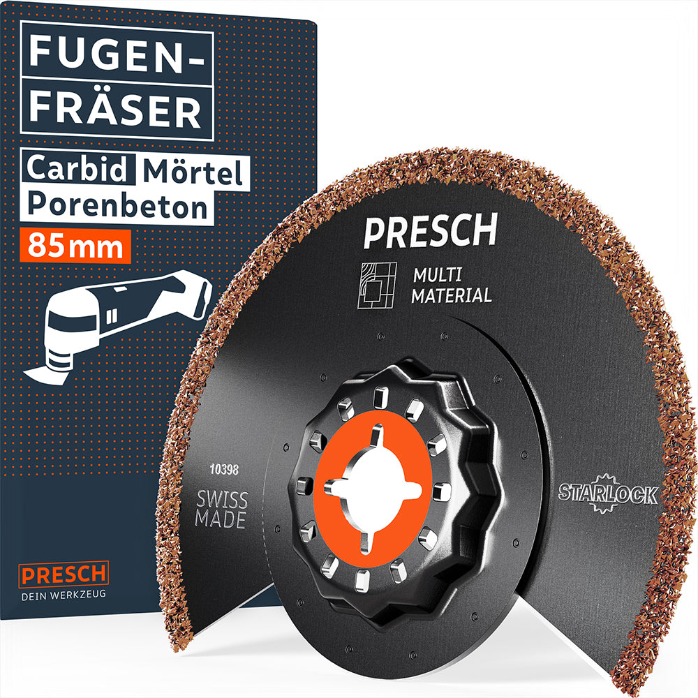 PRESCH Multitool Segment-Fugenfräser (85mm) mit Starlock-Aufnahme. Hochwertiges Carbid-Sägeblatt für Mörtel und Porenbeton mit „Swiss Made“ Kennzeichnung und grober Hartmetall-Beschichtung.