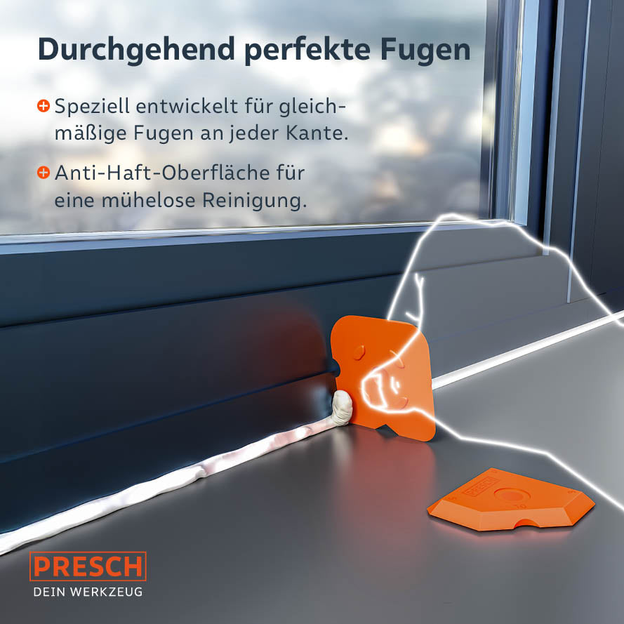 Präzises Glätten einer Fensterfuge mit einem PRESCH Fugenglätter; speziell entwickelt für gleichmäßige Kanten und ein sauberes Finish.