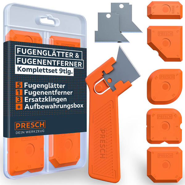 9-teiliges PRESCH Komplettset für Fugenarbeiten: Enthält 5 Fugenglätter für 23 Fugenarten, 1 Fugenentferner aus Karbonstahl, 3 Ersatzklingen und eine Aufbewahrungsbox.