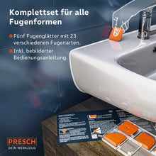 Le kit de lisseur de joints PRESCH utilisé sur un évier ; cinq types de lisseurs différents permettent 23 types de joints, accompagné d'un manuel d'utilisation illustré fourni.