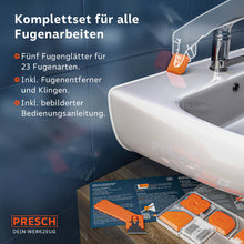 Complete setpresentatie bij de wastafel: toont voegstrijker, voegverwijderaar met bladen en de geïllustreerde gebruikershandleiding voor professionele resultaten.