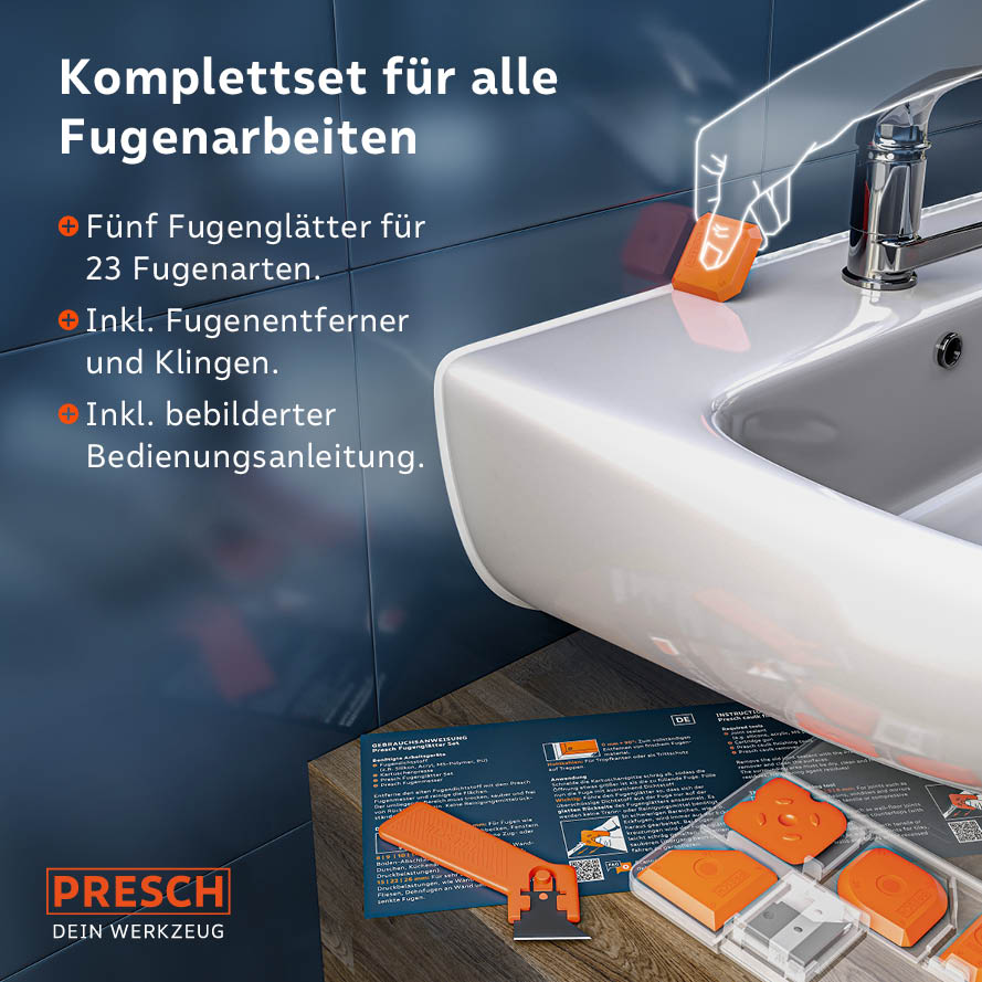 Komplettset-Präsentation am Waschbecken: Zeigt Fugenglätter, Fugenentferner mit Klingen und die bebilderte Bedienungsanleitung für professionelle Ergebnisse.