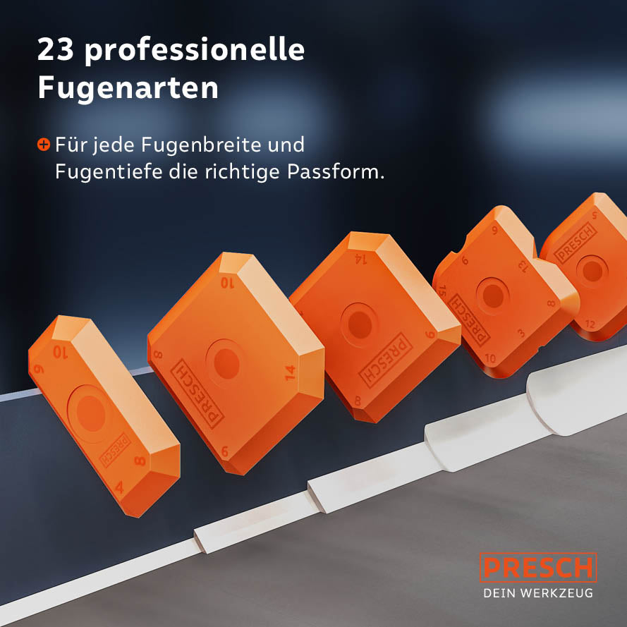 Eine Übersicht der verschiedenen Fugenglätter zeigt die zahlreichen Kantenprofile und Radien, die für jede Fugenbreite und Fugentiefe die exakt richtige Passform bieten.
