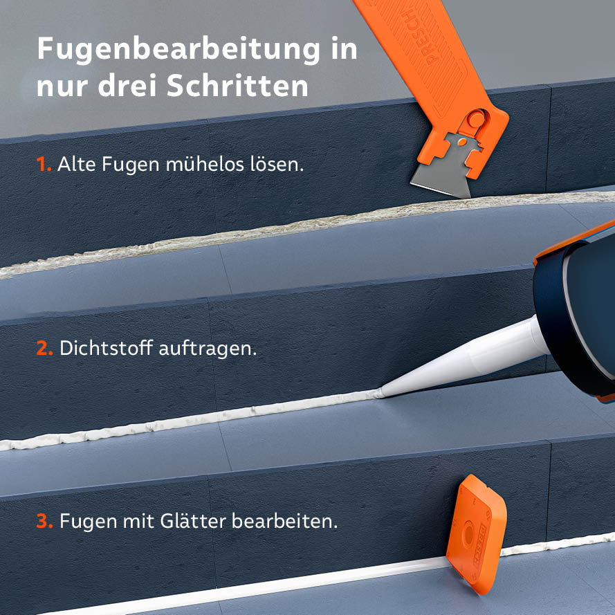 Infografik zur Fugenbearbeitung: 1. Alte Fugen mit dem Fugenentferner lösen, 2. Neuen Dichtstoff auftragen, 3. Fuge mit dem passenden Glätter bearbeiten.
