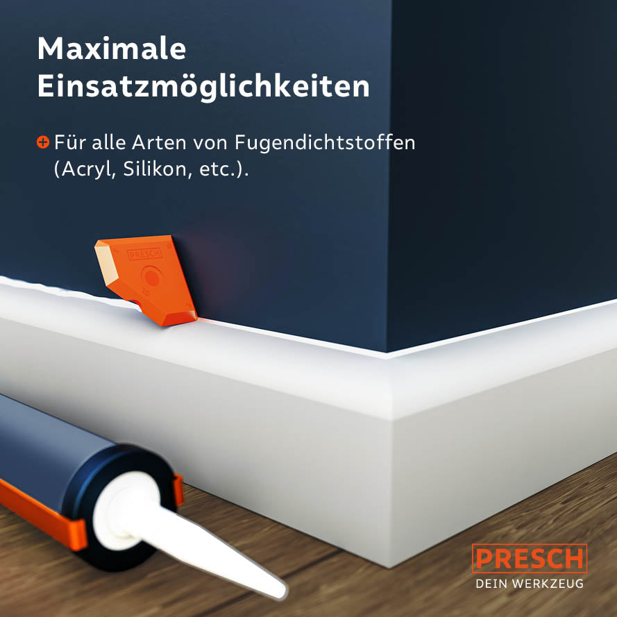 Precieze verwijdering van een voeg op een witte plint; het gereedschap is geschikt voor alle afdichtingsmiddelen zoals siliconen en acryl.