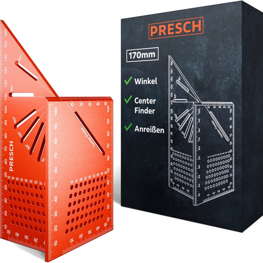 PRESCH Gehrungswinkel 170 mm aus Aluminium mit Winkelskala und Center Finder, komplettes Produkt mit Verpackung