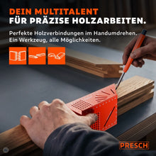 Handwerker markiert mit Anreißwerkzeug und Stift eine Linie auf einem Holzbalken für präzise Holzverbindungen