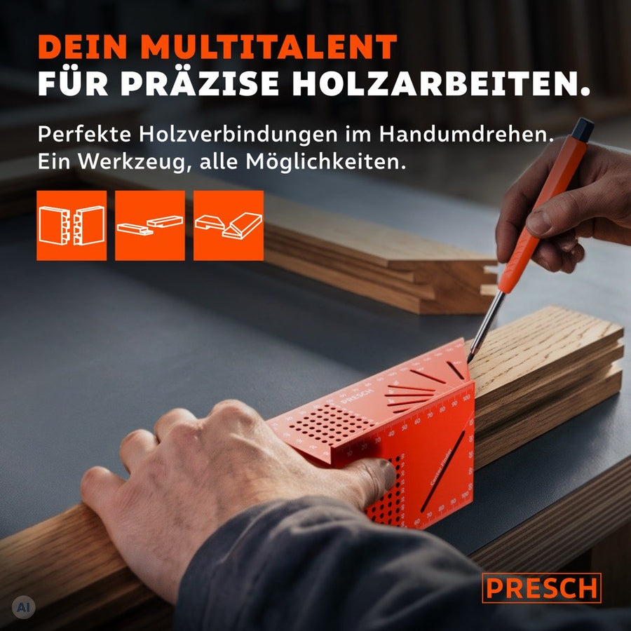 Handwerker markiert mit Anreißwerkzeug und Stift eine Linie auf einem Holzbalken für präzise Holzverbindungen