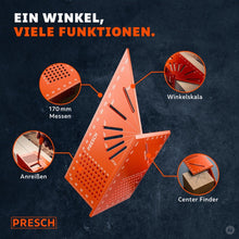 Nahaufnahme zeigt Lochraster zum Messen, Winkelskala, Anreißfunktion und Center Finder auf einem Werkzeug