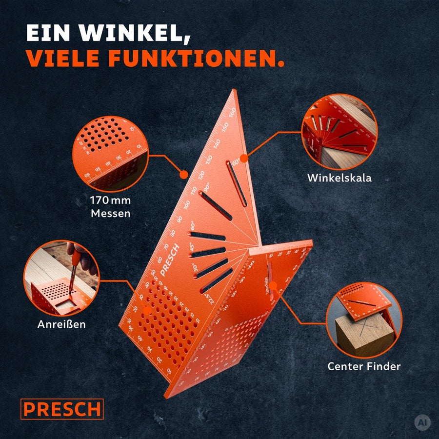 Nahaufnahme zeigt Lochraster zum Messen, Winkelskala, Anreißfunktion und Center Finder auf einem Werkzeug