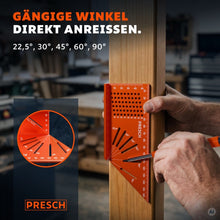 Winkelausschnitte für 22,5°, 30°, 45°, 60° und 90° ermöglichen direktes Anreißen gängiger Winkel an einem Werkstück