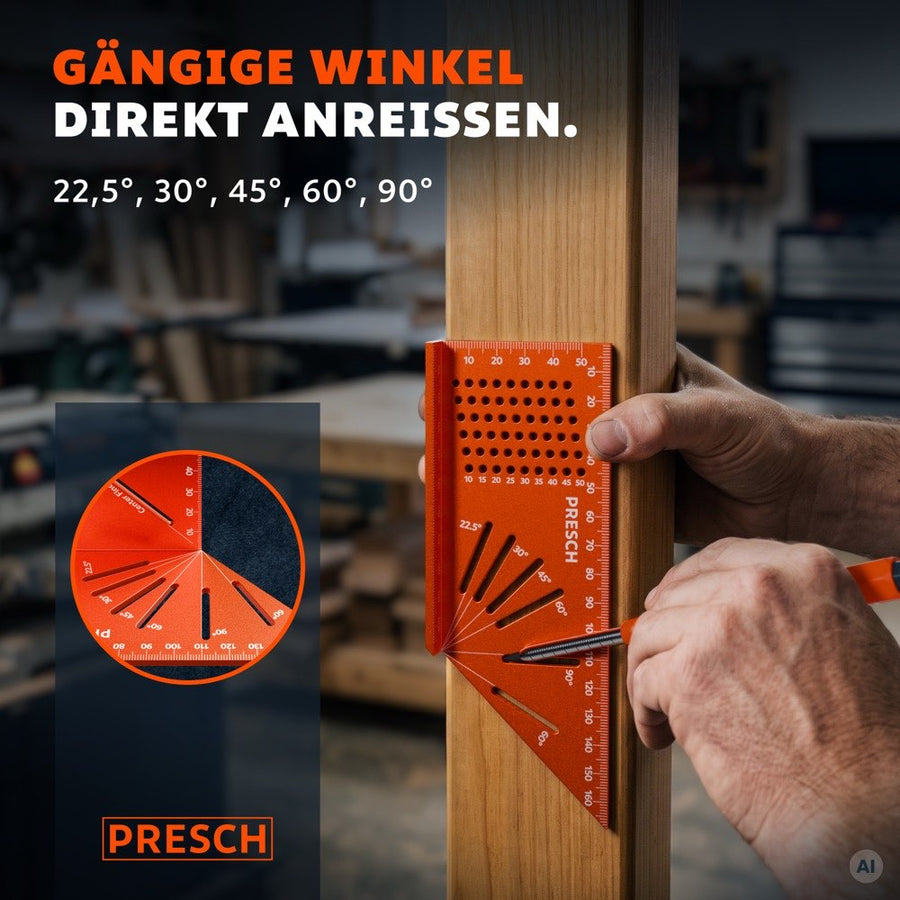 Winkelausschnitte für 22,5°, 30°, 45°, 60° und 90° ermöglichen direktes Anreißen gängiger Winkel an einem Werkstück