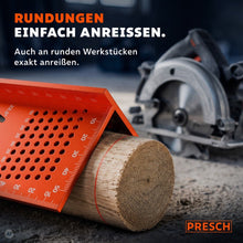 Anreißwerkzeug liegt an einem runden Holzstück an, während eine rote Linie exakt um den Umfang gezogen wird