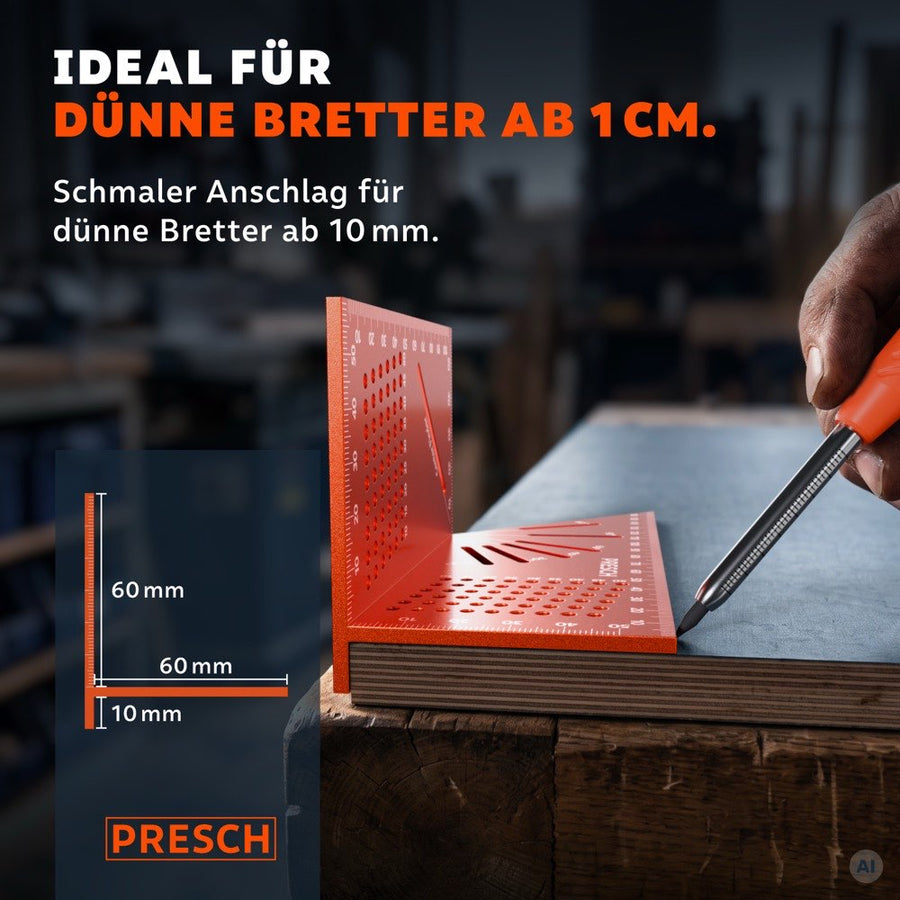 Schmaler Anschlag des Werkzeugs liegt an einem dünnen Brett ab 10 mm Stärke zum präzisen Anreißen an