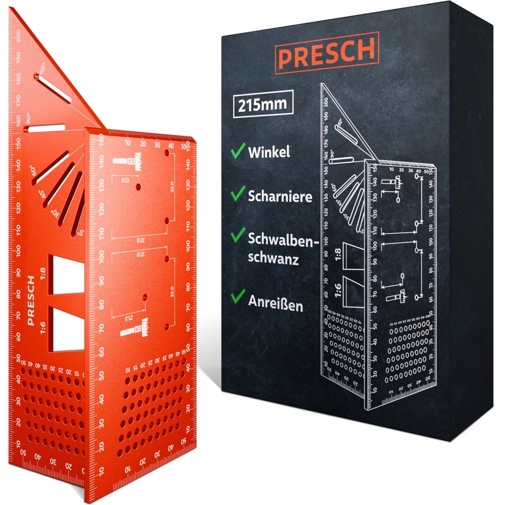 PRESCH Gehrungswinkel 215 mm aus Aluminium mit Winkelskala, Scharnier- und Schwalbenschwanzschablone, mit Verpackung