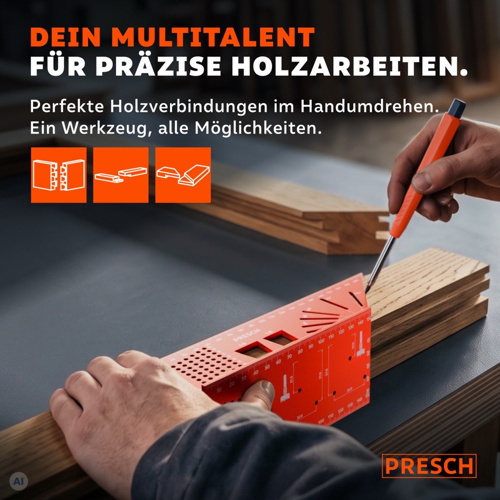Handwerker markiert mit Anreißwerkzeug und Stift präzise Linien auf einem Holzbalken für Holzverbindungen