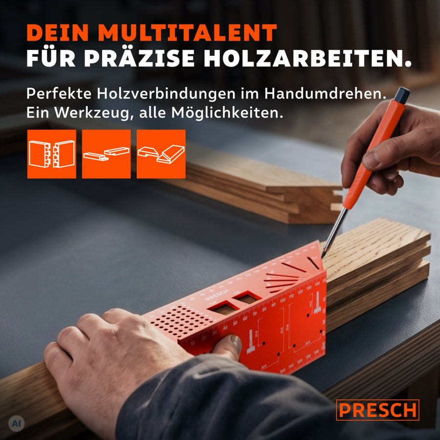 Handwerker markiert mit Anreißwerkzeug und Stift präzise Linien auf einem Holzbalken für Holzverbindungen