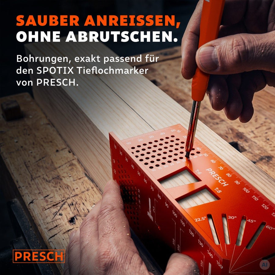 Bohrungen im Anreißwerkzeug passen exakt zum SPOTIX Tieflochmarker für sauberes Anreißen ohne Abrutschen