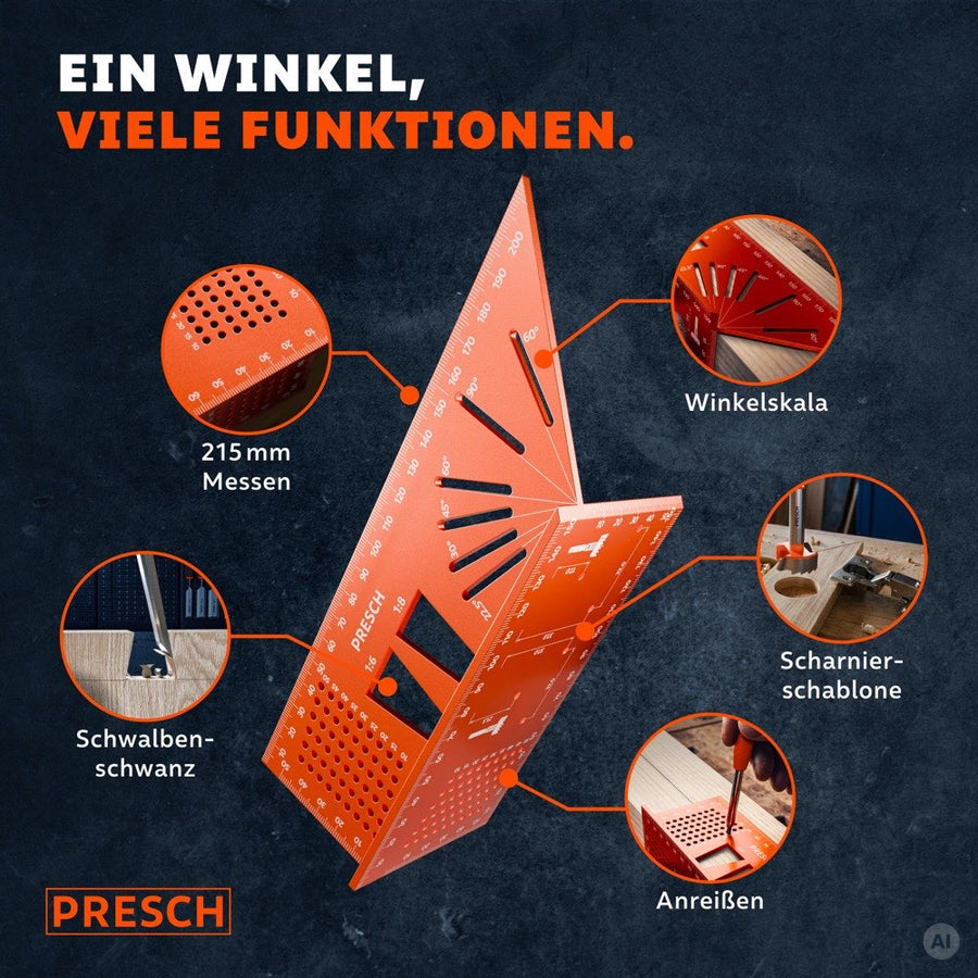 Nahaufnahme zeigt Lochraster zum Messen, Winkelskala, Scharnierschablone und Schwalbenschwanzausschnitte auf einem Werkzeug