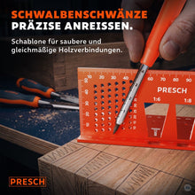 Schwalbenschwanzschablone mit Ausschnitten im Verhältnis 1:6 und 1:8 dient zum Anzeichnen von Holzverbindungen