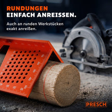 Anreißwerkzeug liegt an einem runden Holzstück an, während eine rote Linie exakt um den Umfang gezogen wird