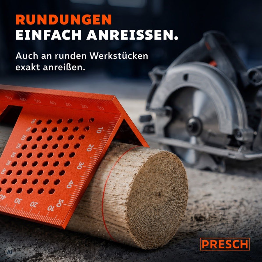 Anreißwerkzeug liegt an einem runden Holzstück an, während eine rote Linie exakt um den Umfang gezogen wird