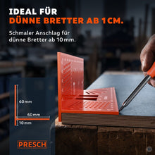 Schmaler Anschlag des Werkzeugs liegt an einem dünnen Brett ab 10 mm Stärke zum präzisen Anreißen an