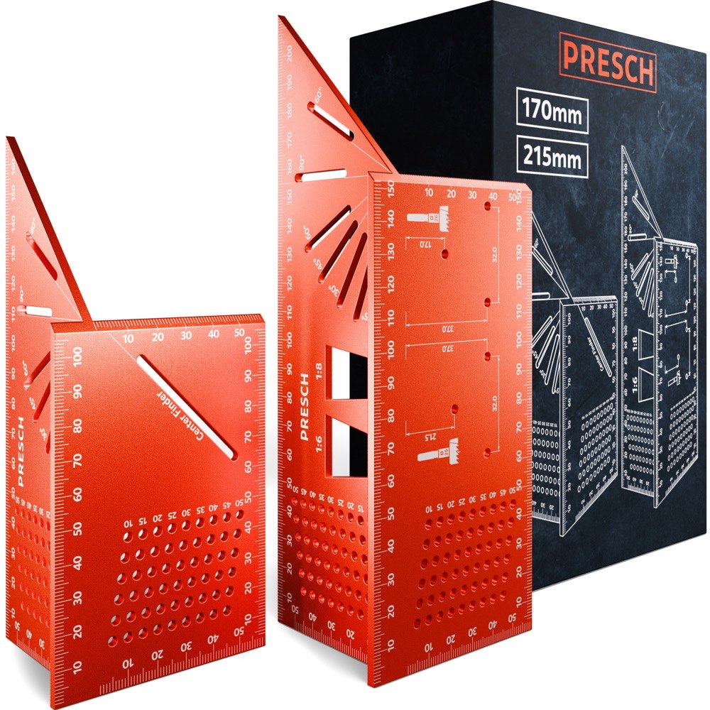 PRESCH Gehrungswinkel Set mit 170 mm und 215 mm Anreißwinkel aus Aluminium, komplettes Set mit Verpackung