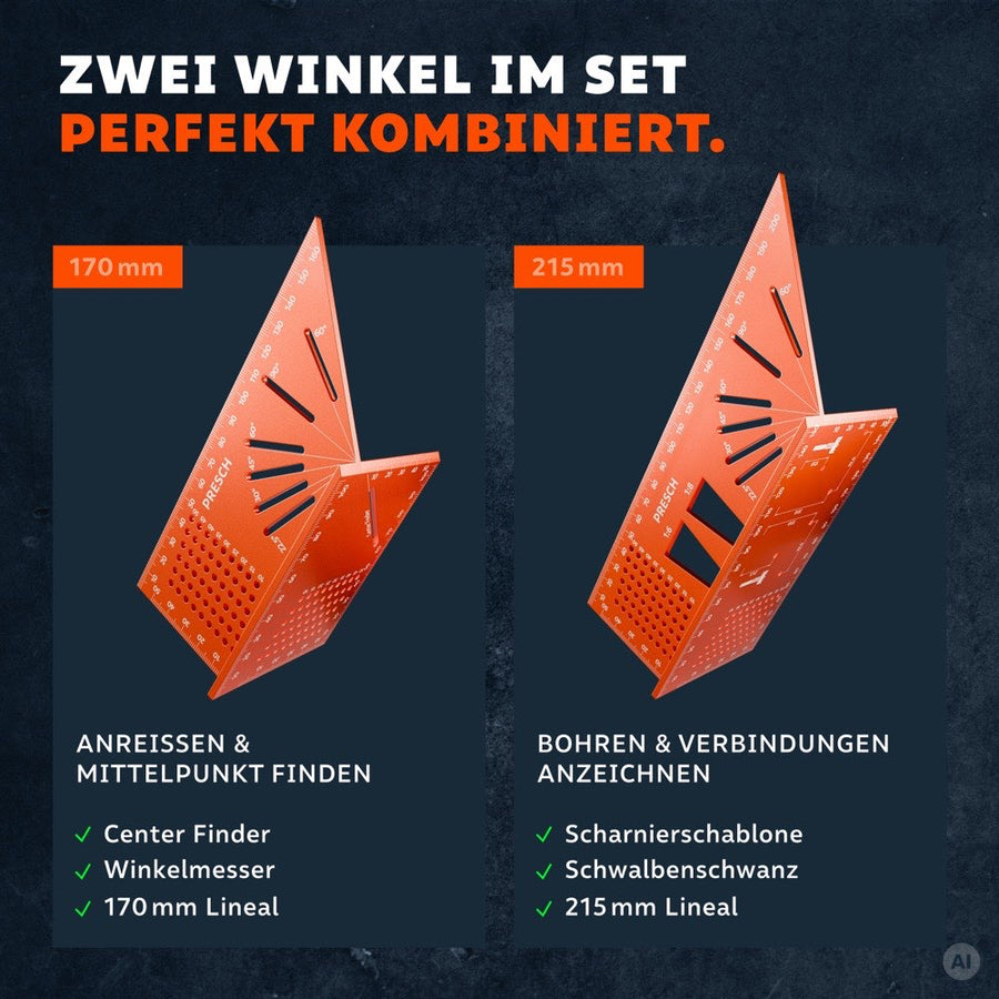 Vergleich zeigt beide Winkel im Set: 170 mm mit Center Finder, 215 mm mit Scharnier- und Schwalbenschwanzschablone