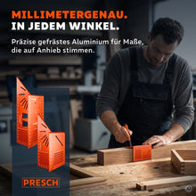 Beide Anreißwinkel aus präzisionsgefrästem Aluminium liegen nebeneinander, während ein Handwerker Maße am Holz überträgt