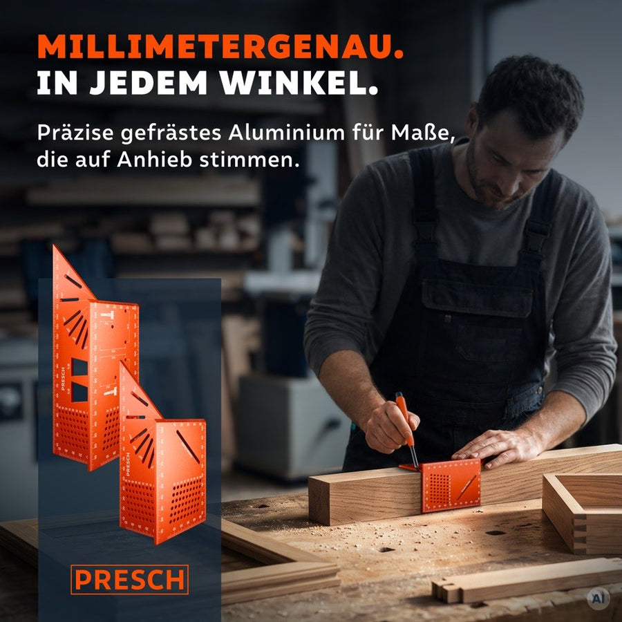 Beide Anreißwinkel aus präzisionsgefrästem Aluminium liegen nebeneinander, während ein Handwerker Maße am Holz überträgt