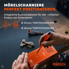 Integrierte Bohrschablonen für 26 und 35 mm Topfscharniere erleichtern das exakte Positionieren von Möbelscharnieren