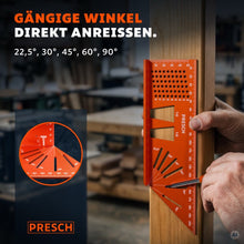 Winkelausschnitte für 22,5°, 30°, 45°, 60° und 90° ermöglichen direktes Anreißen gängiger Winkel an einem Werkstück