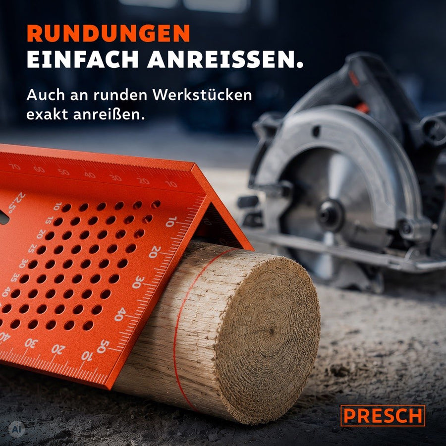 Anreißwinkel liegt an einem runden Holzstück an, während eine rote Linie exakt um den Umfang gezogen wird