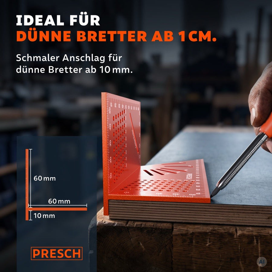 Schmaler Anschlag des Werkzeugs liegt an einem dünnen Brett ab 10 mm Stärke zum präzisen Anreißen an