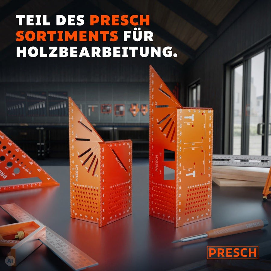 Zwei Anreißwinkel in unterschiedlichen Größen stehen im Regal neben weiteren PRESCH Werkzeugen für Holzbearbeitung