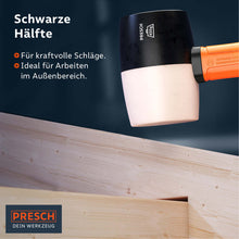 Die schwarze Hälfte des Gummihammers eignet sich für kraftvolle Schläge im Außenbereich.