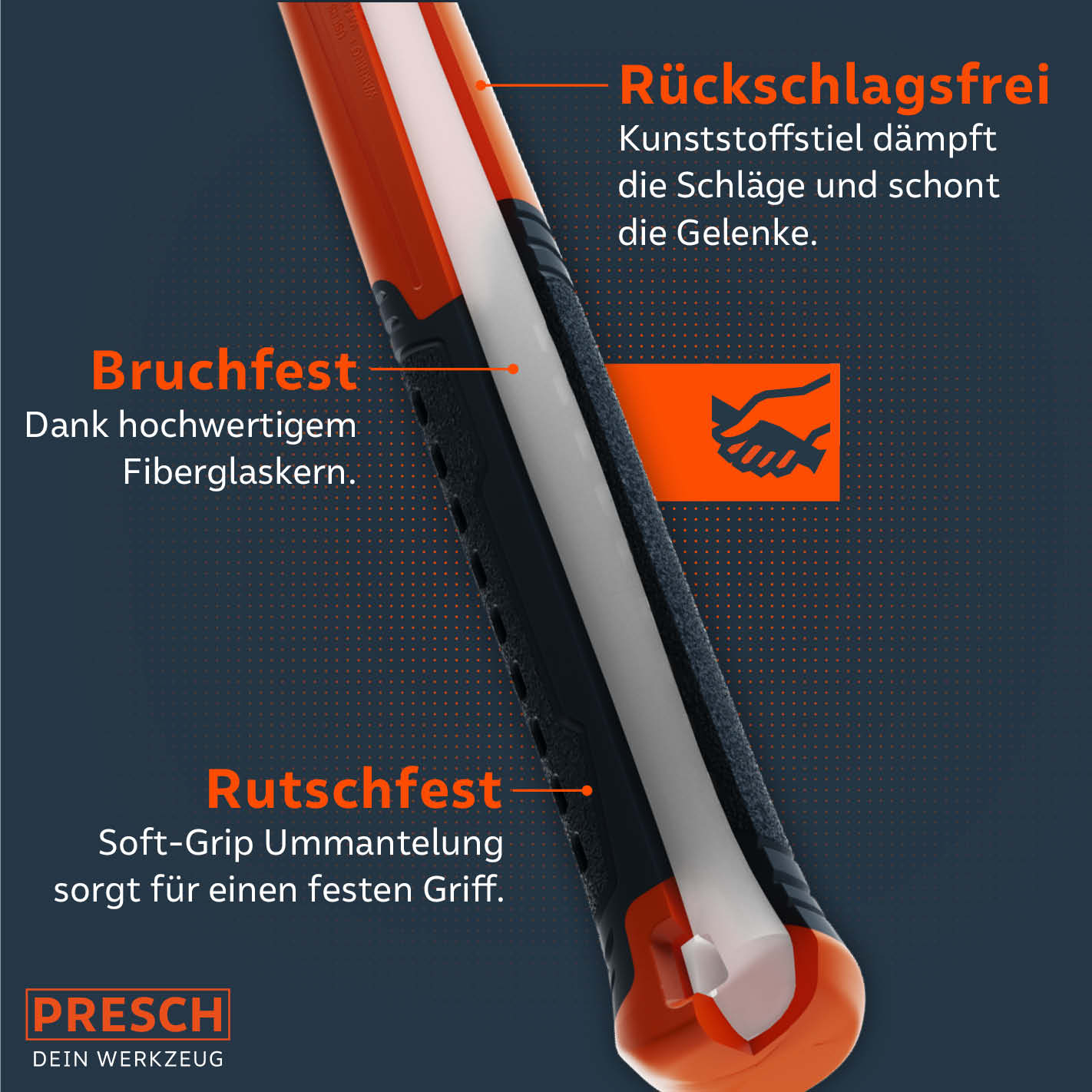 Der Kunststoffstiel des Gummihammers ist bruchfest, rutschfest und dämpft Rückschläge spürbar.