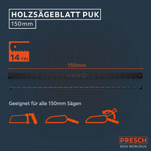 PRESCH Holzsägeblatt PUK 150 mm mit 14 TPI, Sägeblatt und Symbole für kompatible Handsägen