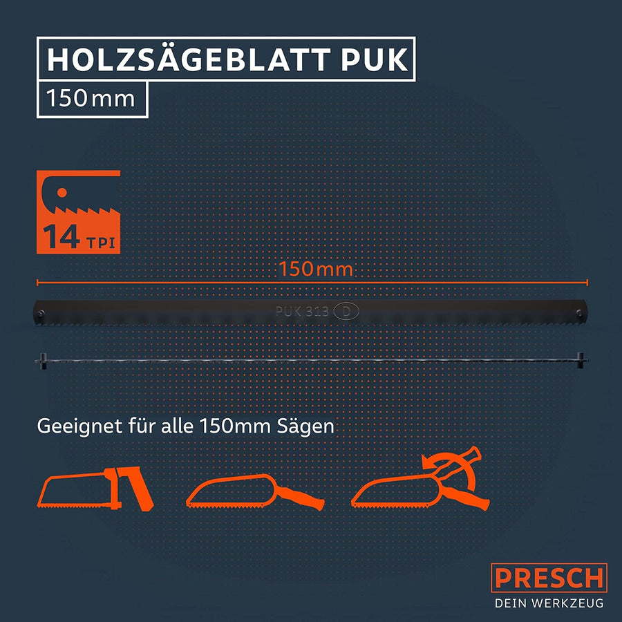 PRESCH Holzsägeblatt PUK 150 mm mit 14 TPI, Sägeblatt und Symbole für kompatible Handsägen