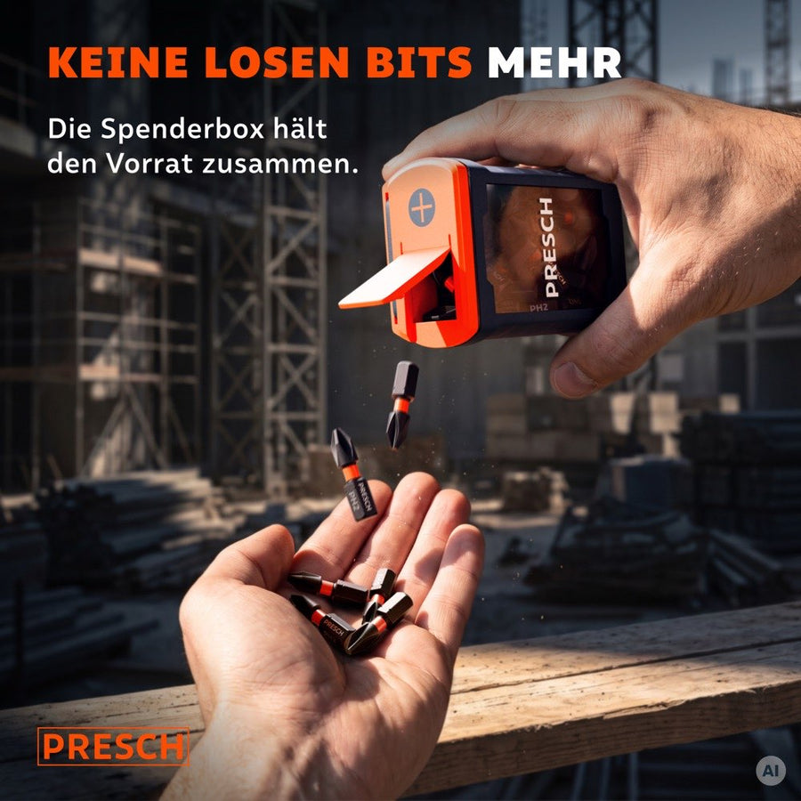Hand entnimmt Bits aus der Spenderbox auf der Baustelle