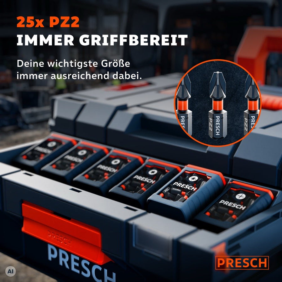 Spenderboxen mit Impact Bits in einem Werkzeugkoffer, vorne die Box mit PZ2